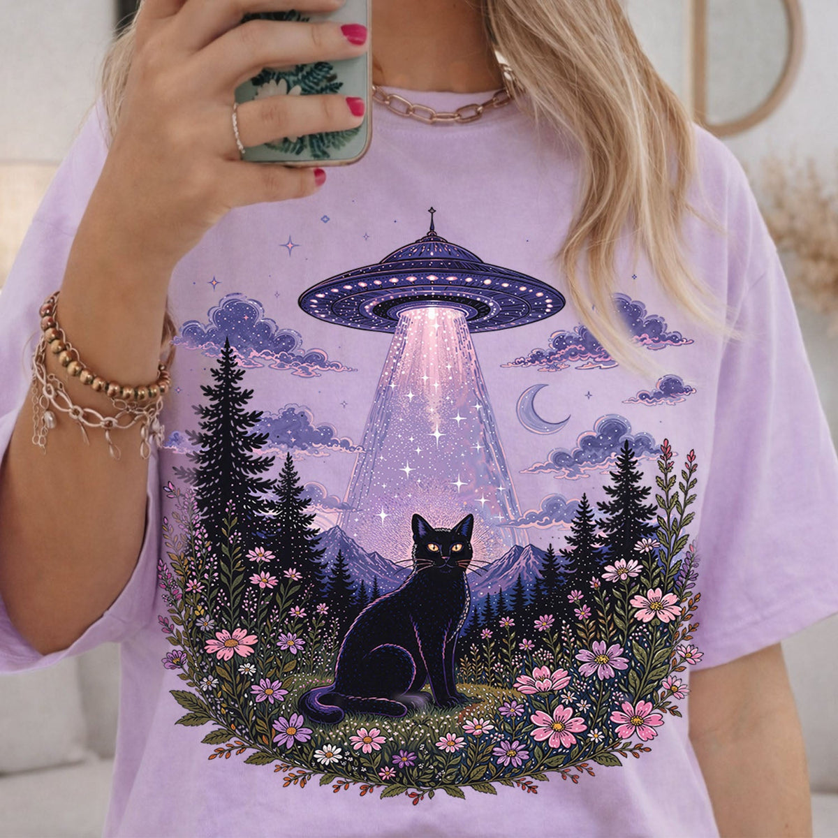 UFO Alien Abduction Cat Oversized T Shirt