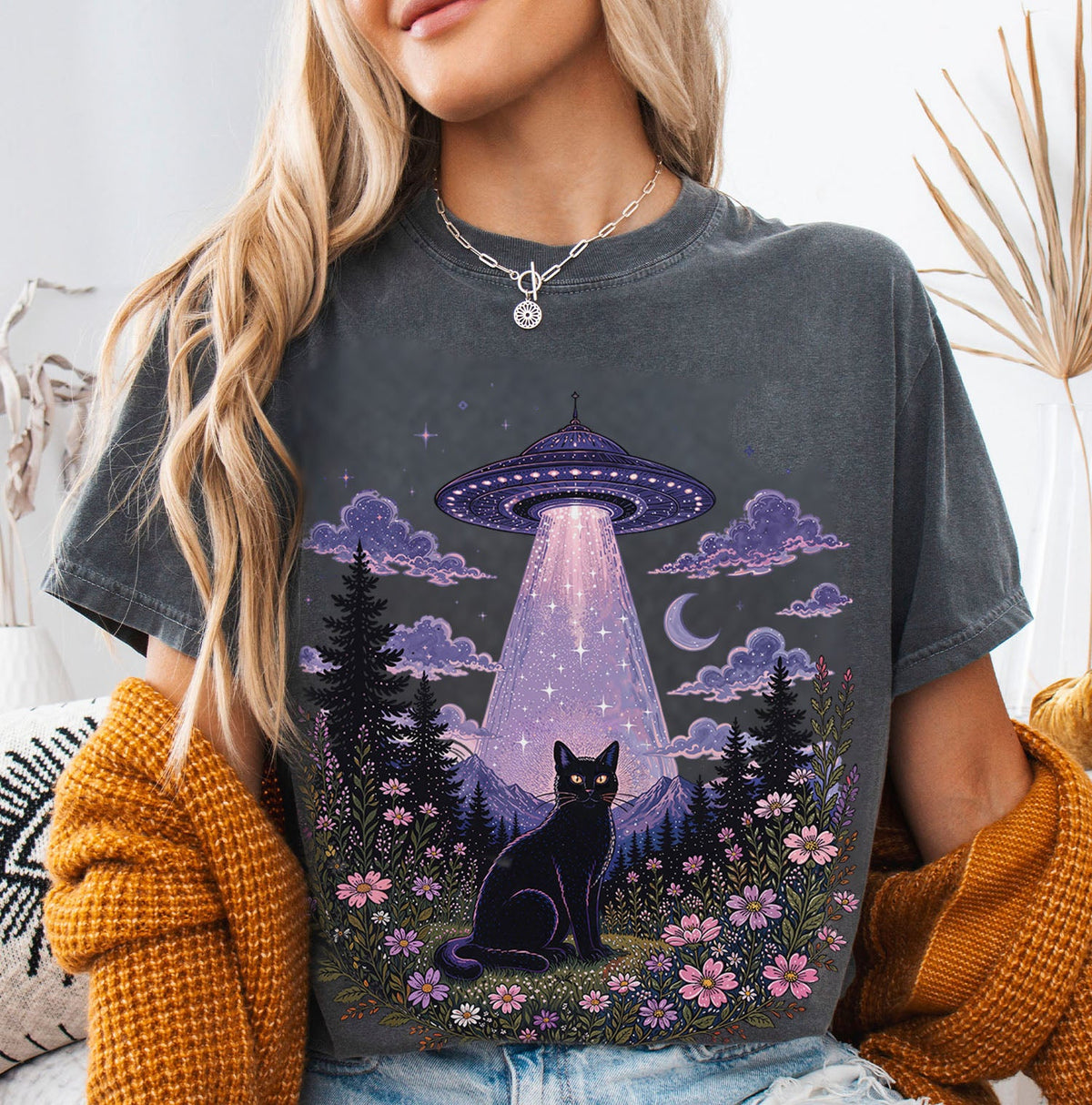 UFO Alien Abduction Cat Oversized T Shirt