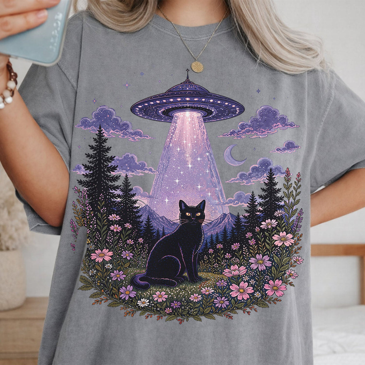 UFO Alien Abduction Cat Oversized T Shirt