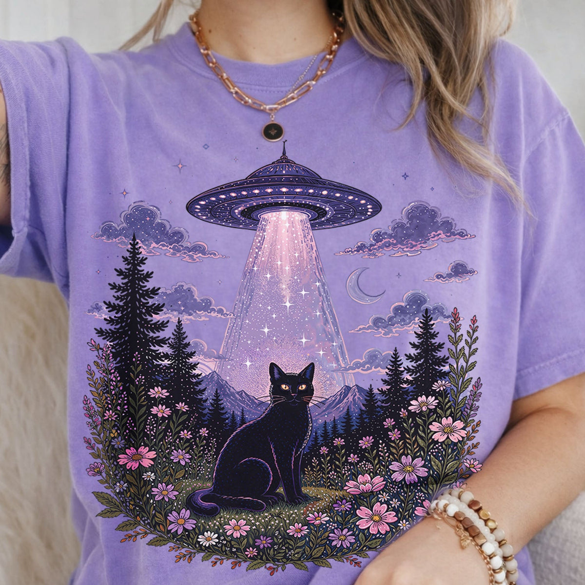 UFO Alien Abduction Cat Oversized T Shirt
