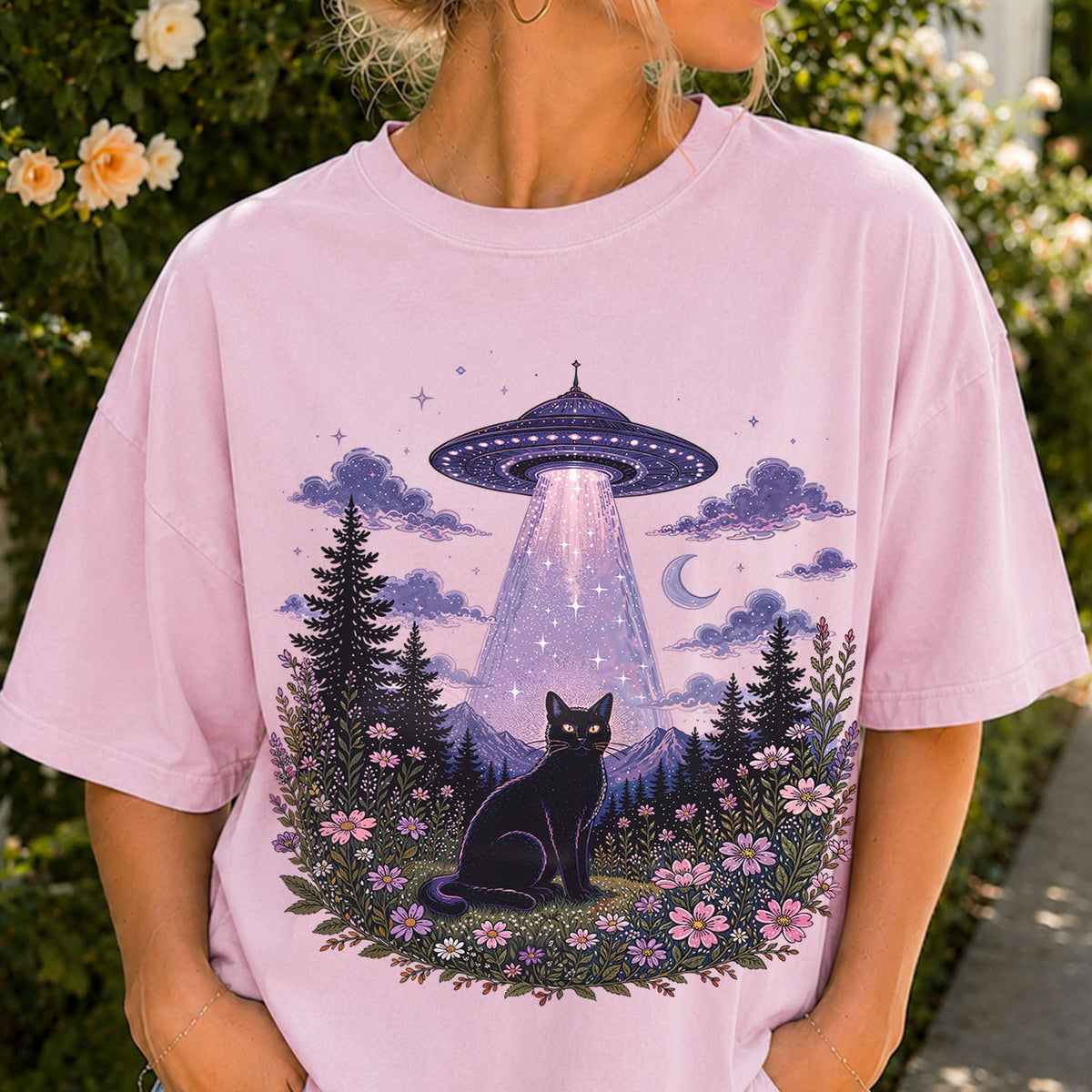 UFO Alien Abduction Cat Oversized T Shirt