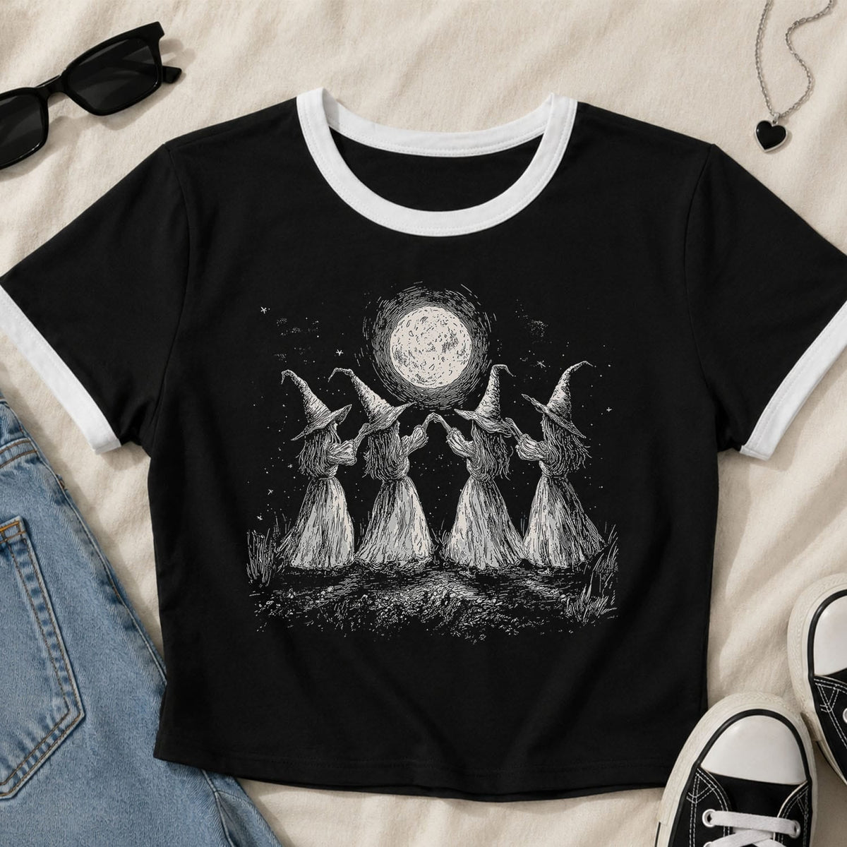 Witches Moon Dance Ringer Crop Baby Tee