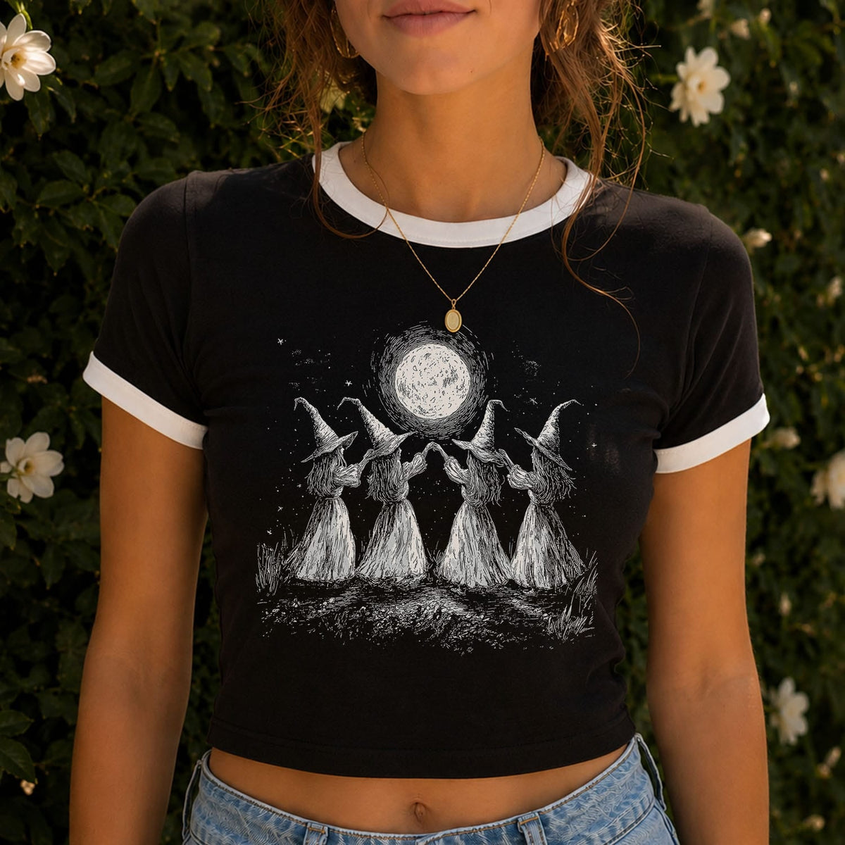 Witches Moon Dance Ringer Crop Baby Tee