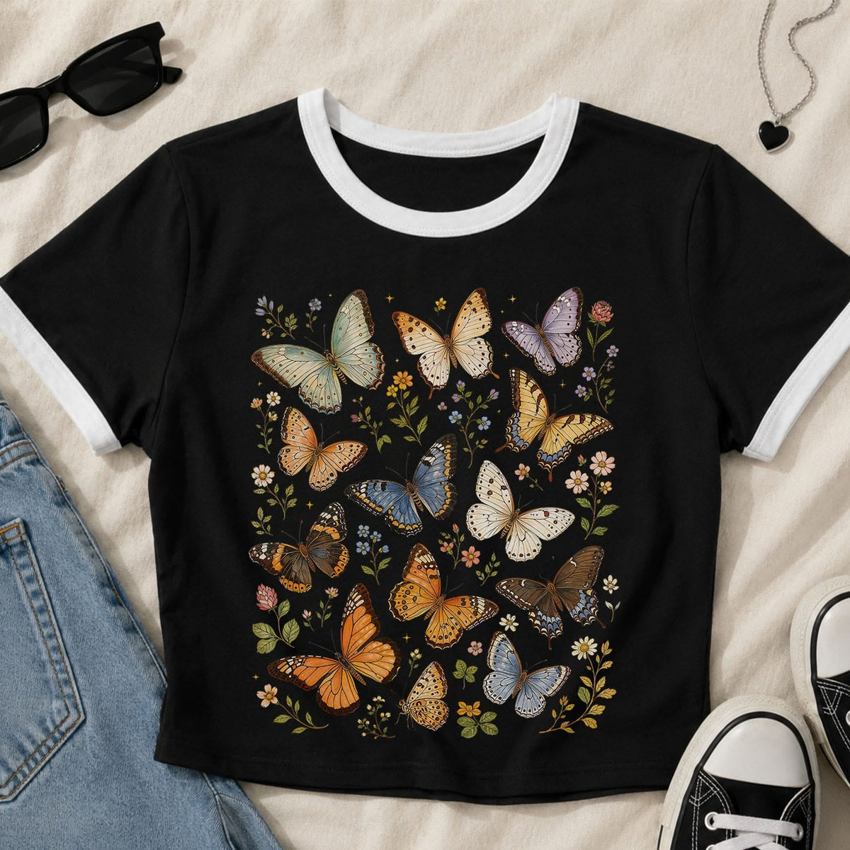 Butterfly Collection Ringer Crop Baby Tee