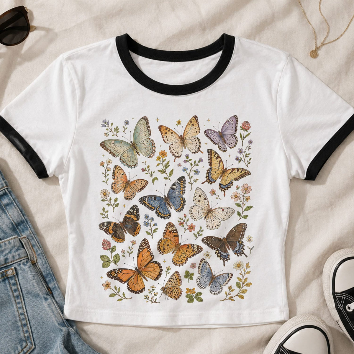 Butterfly Collection Ringer Crop Baby Tee