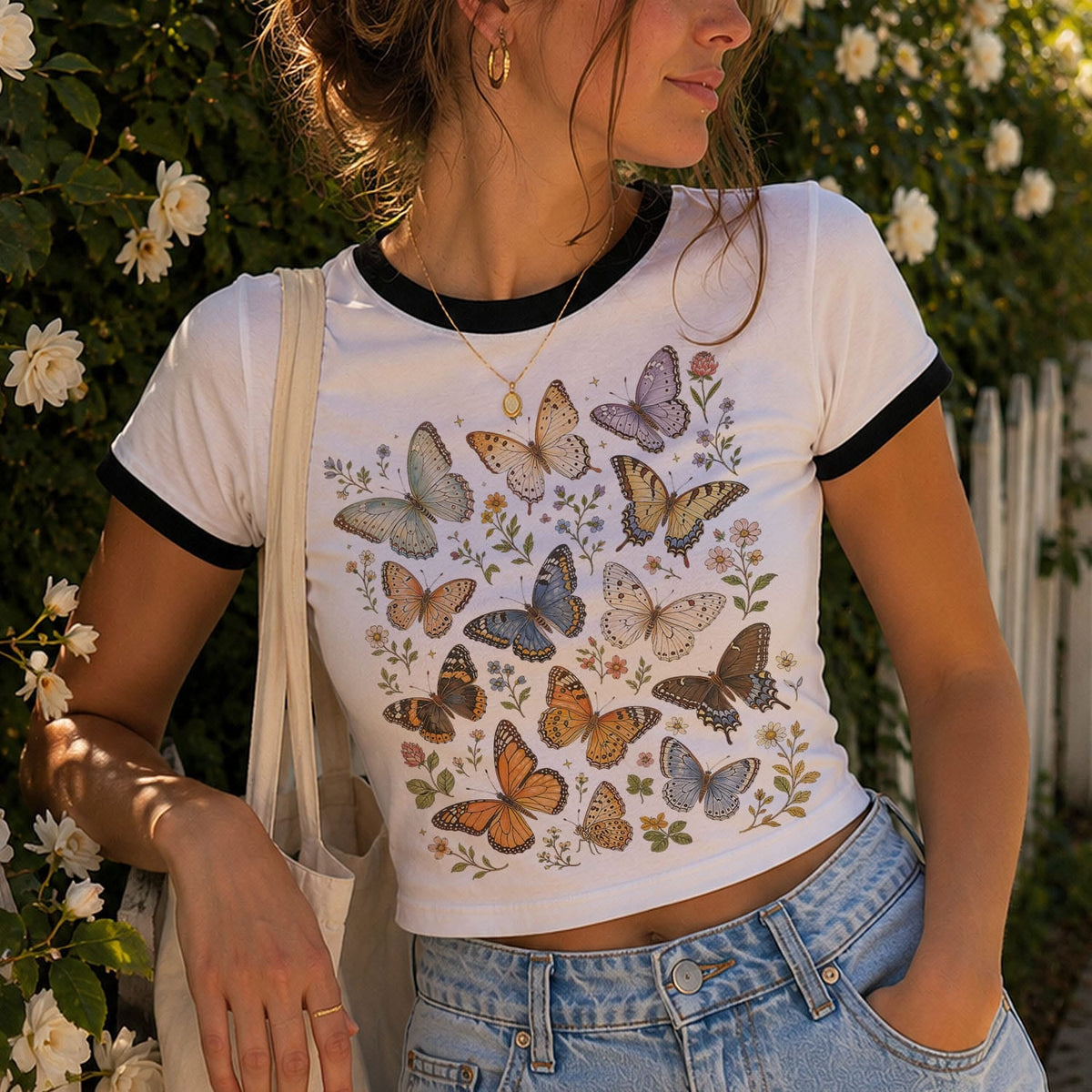 Butterfly Collection Ringer Crop Baby Tee
