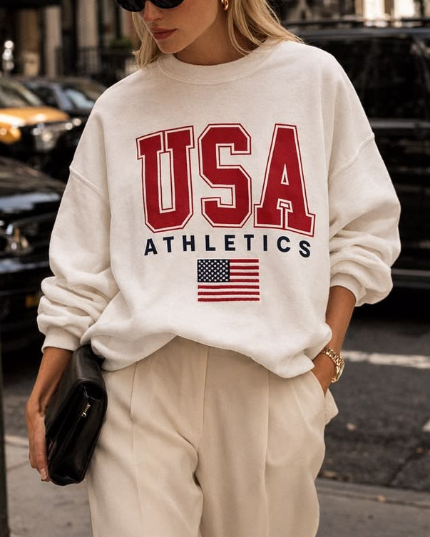 USA Athletics Flag Graphic Oversized Sweatshirt - Cream