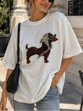 Chic Dachshund Leopard Scarf Graphic Oversized Tee - White Street Style