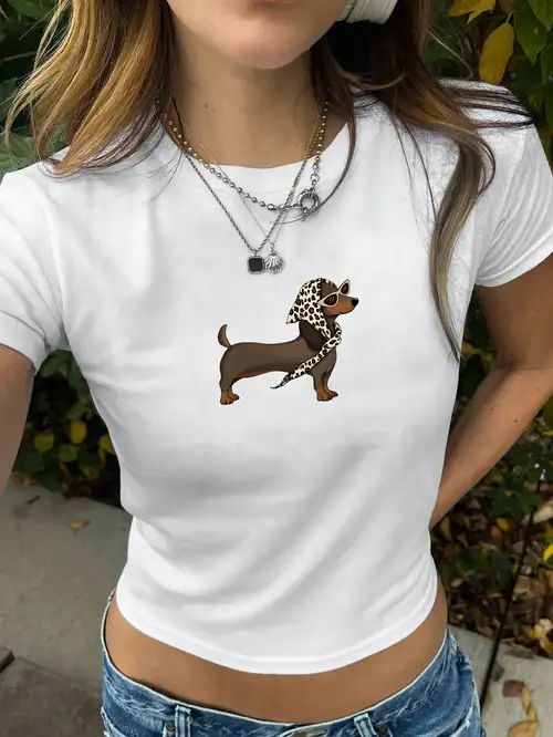 Chic Dachshund Leopard Scarf Graphic Baby Tee - White Front