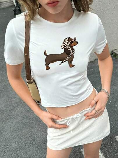 Chic Dachshund Leopard Scarf Graphic Baby Tee - White Street Style