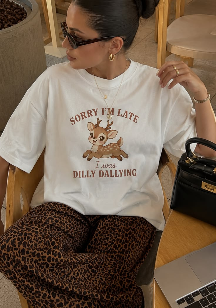 Sorry I'm Late I Was Dilly Dallying Deer Graphic Oversized Tee - White