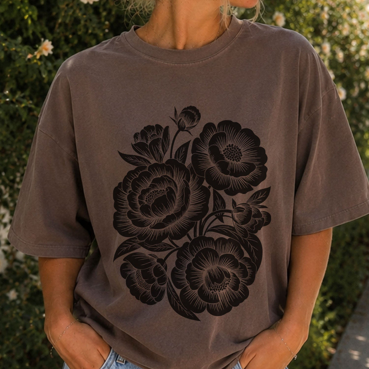 Linocut Peonies Flower Oversized T-Shirt