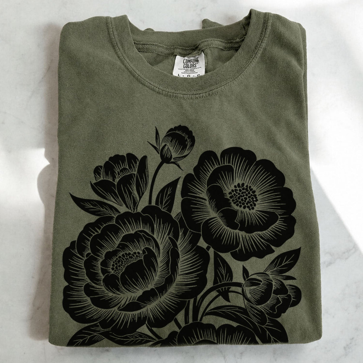 Linocut Peonies Flower Oversized T-Shirt