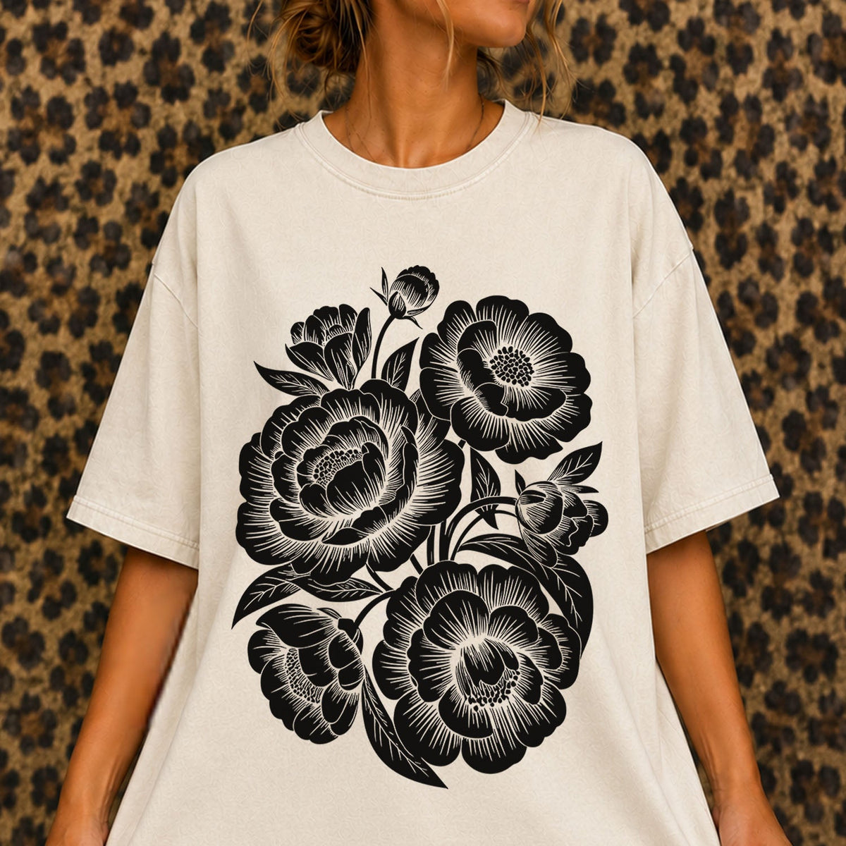 Linocut Peonies Flower Oversized T-Shirt