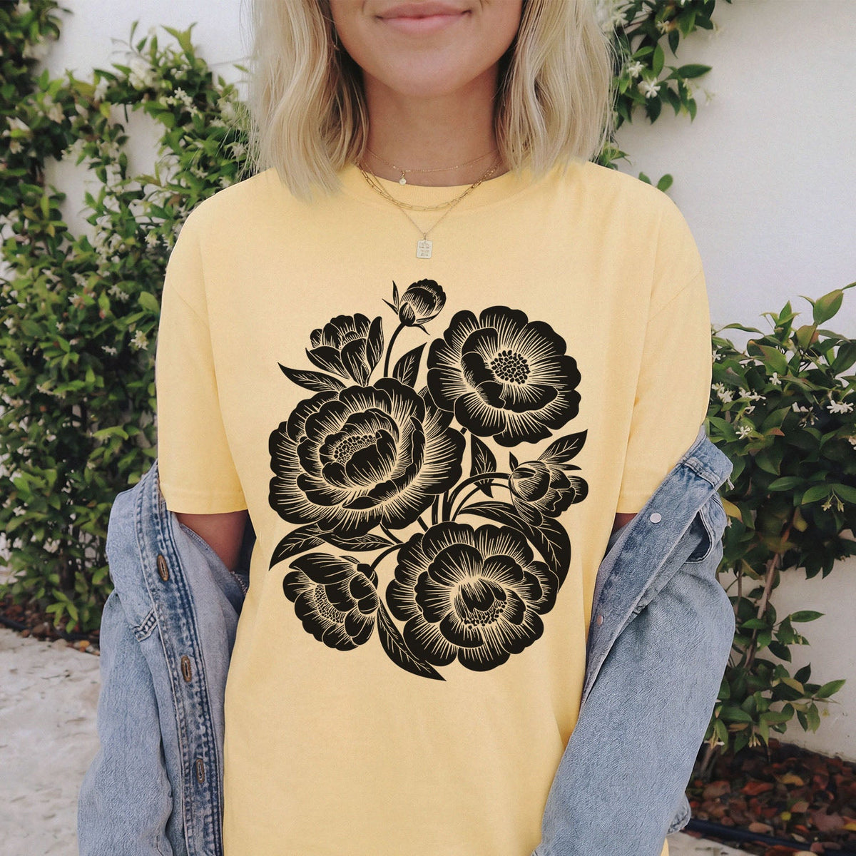 Linocut Peonies Flower Oversized T-Shirt