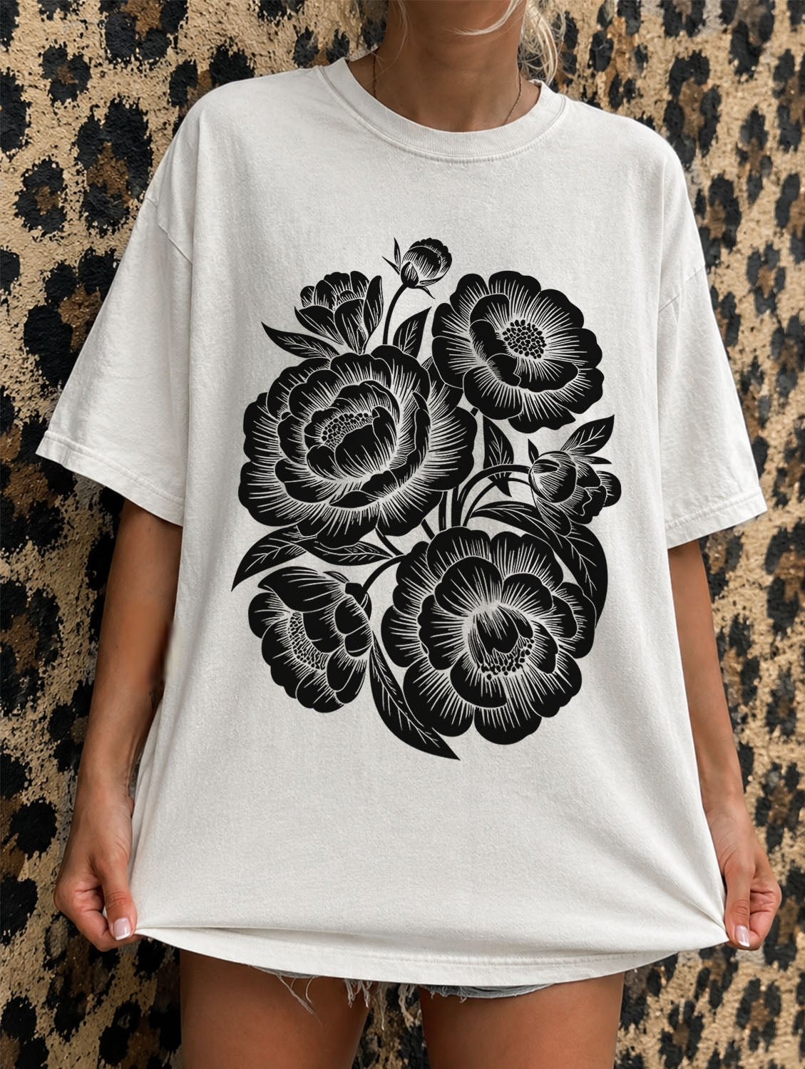 Linocut Peonies Flower Oversized T-Shirt