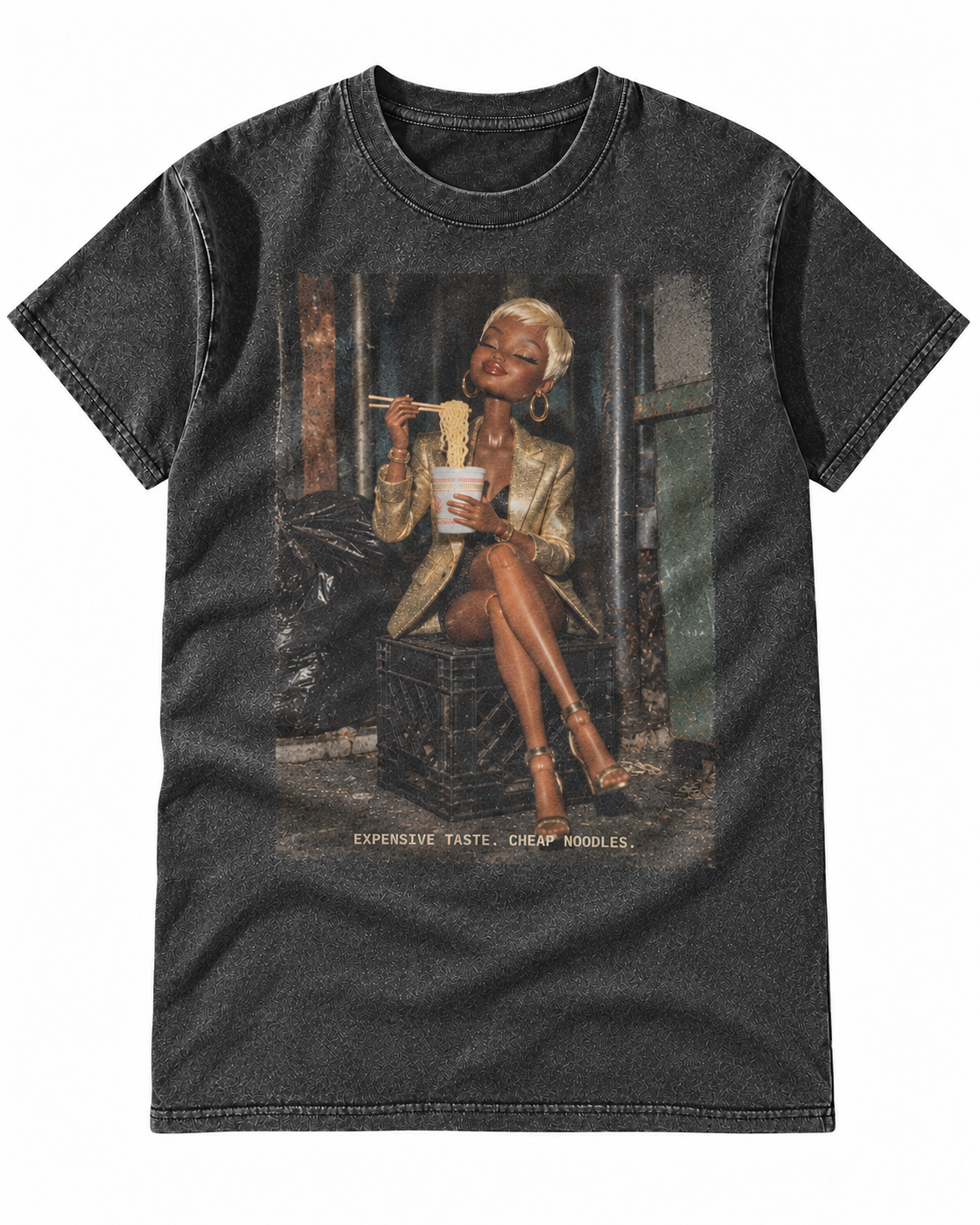 DarkGrey Washed Doll Expensive Taste Cheap Noodles Graphic Tee