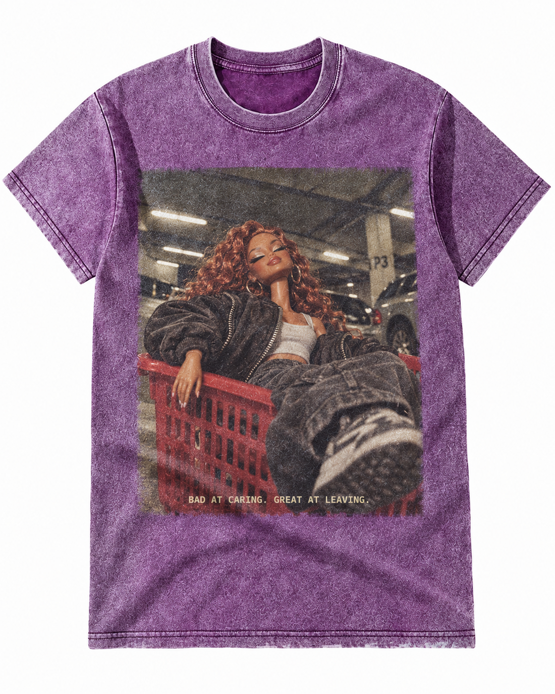 Purple Washed Doll Bad At Caring Great At Leaving Graphic Tee