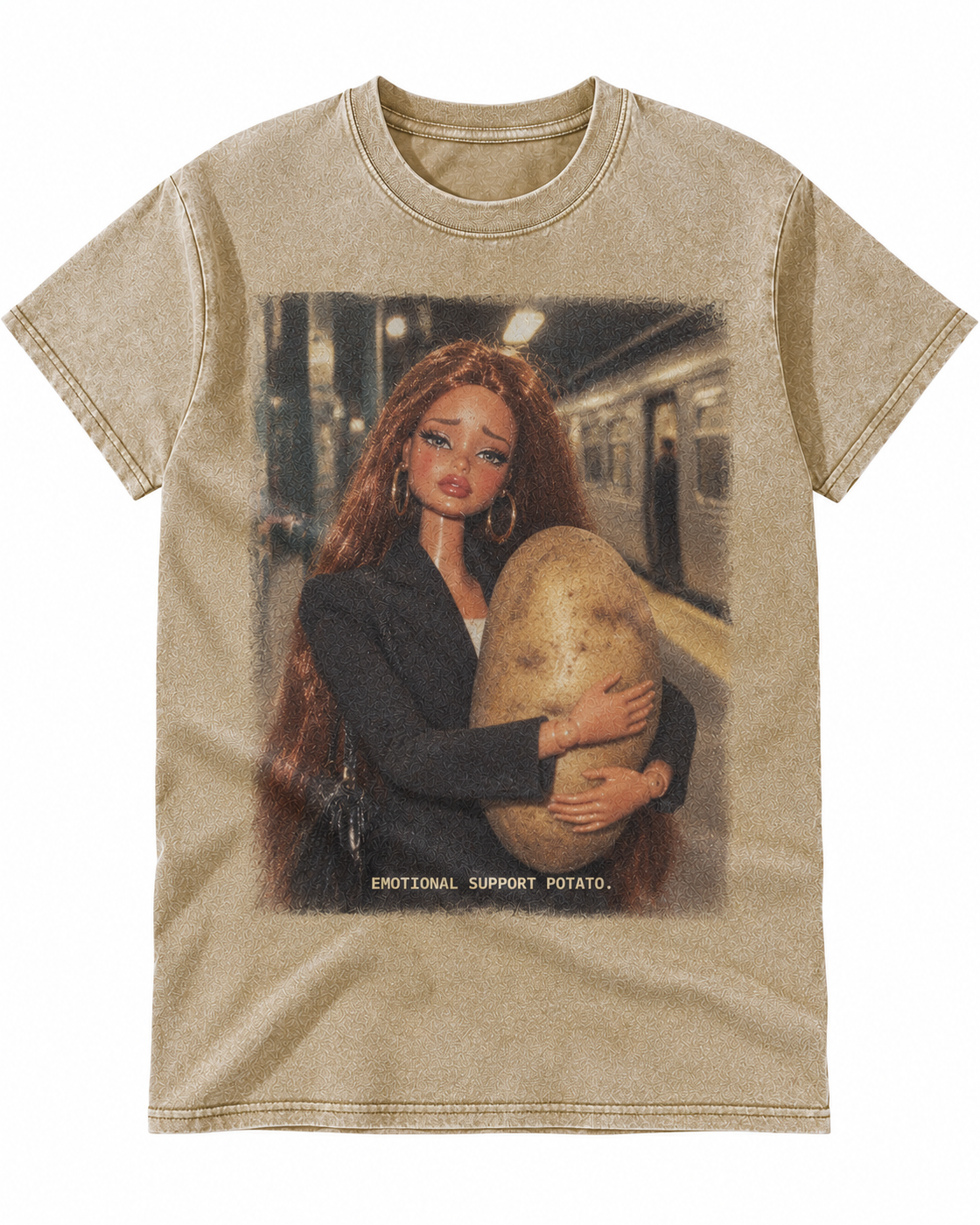 Khaki Washed Doll Emotional Support Potato Graphic Tee