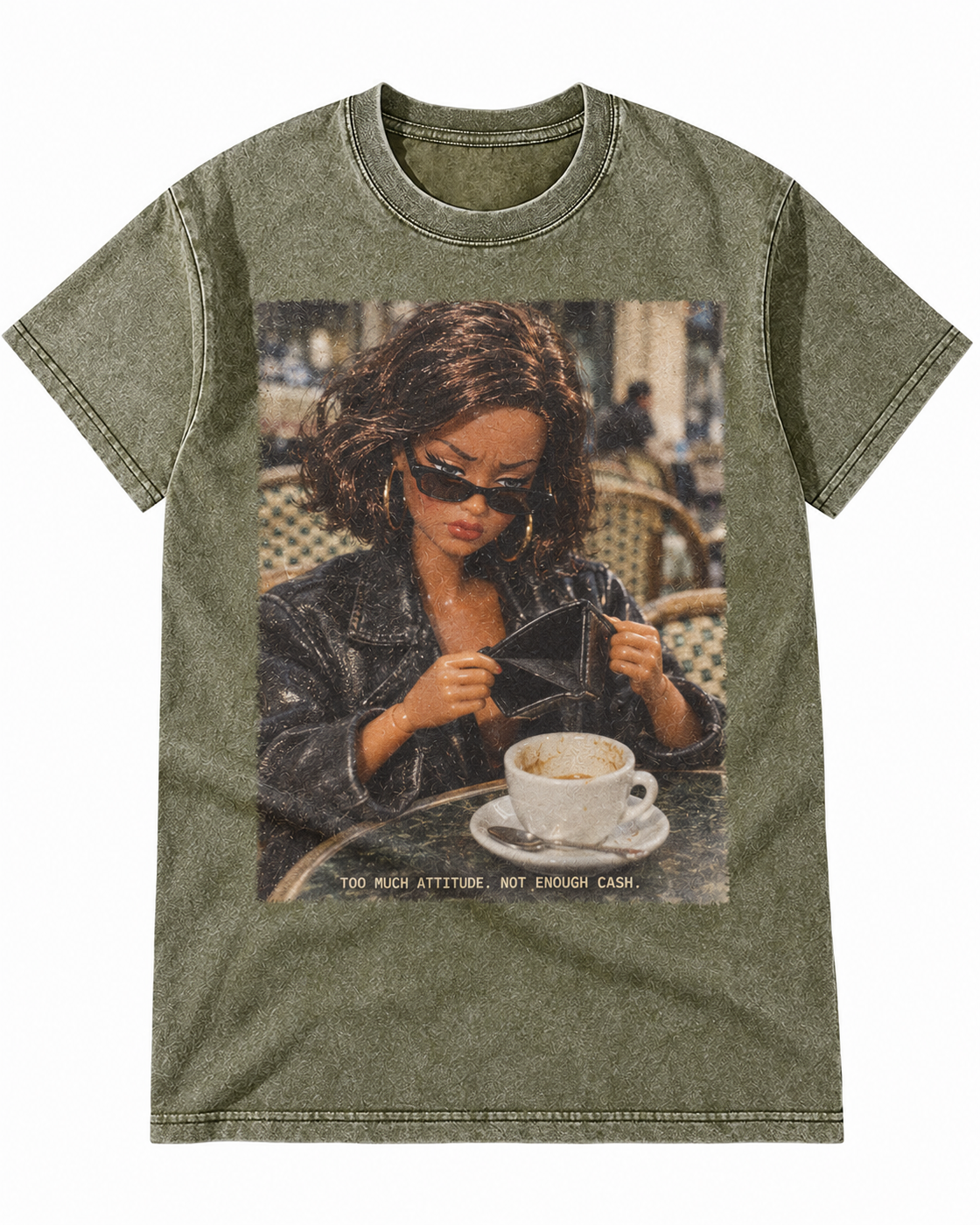 Olive Washed Doll Too Much Attitude Graphic Tee