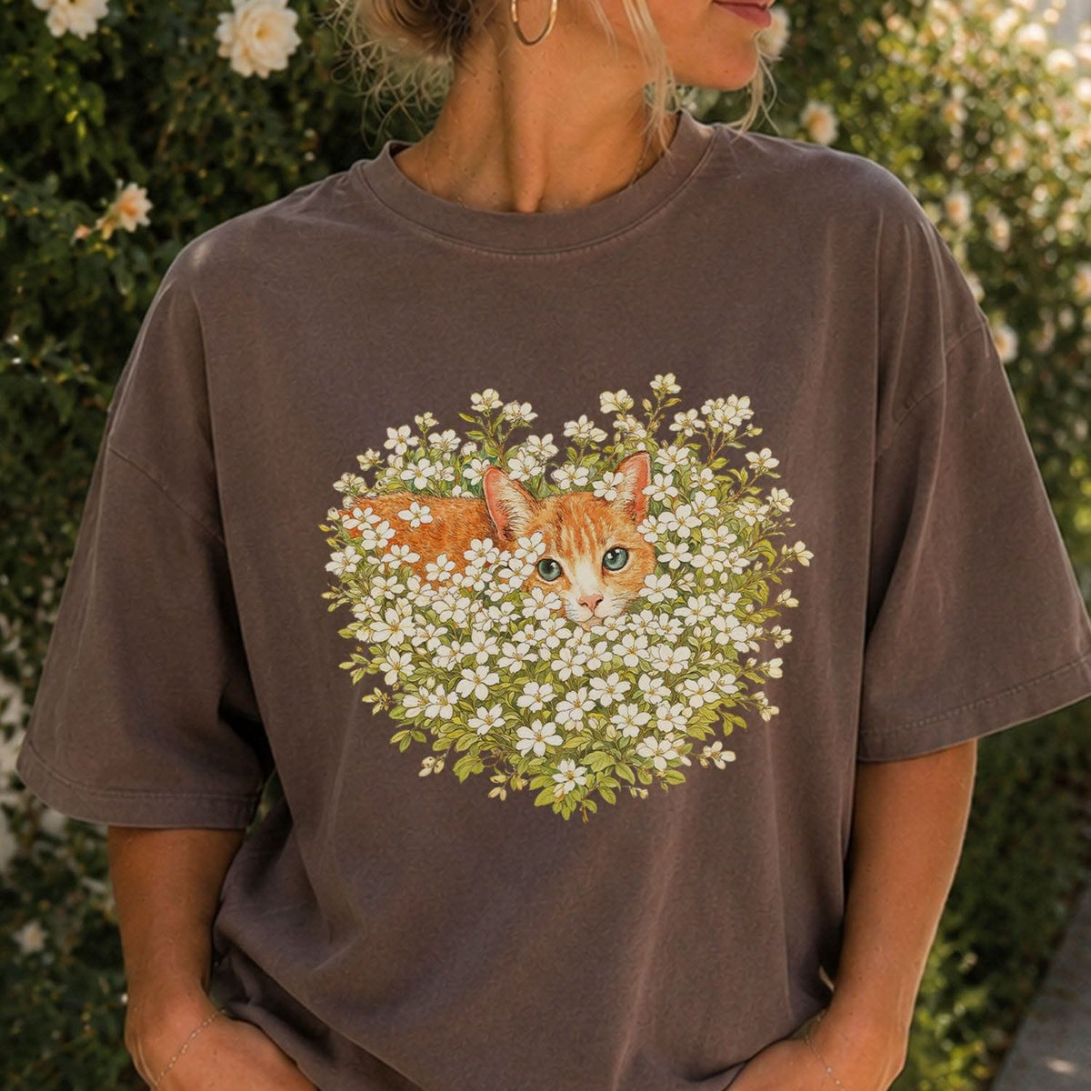 Orange Cat Wildflower Oversized T-Shirt