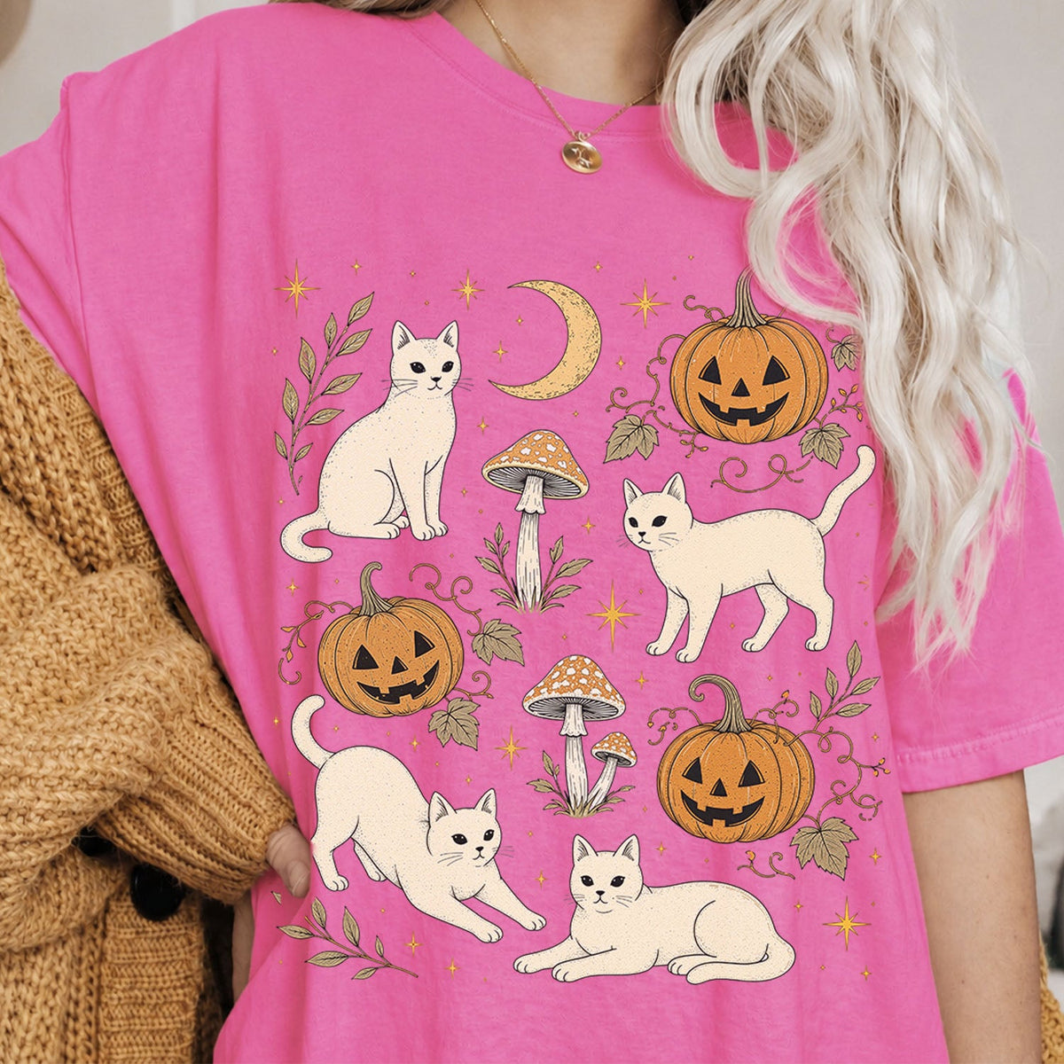 White Cat Pumpkin Patch Oversized T-Shirt
