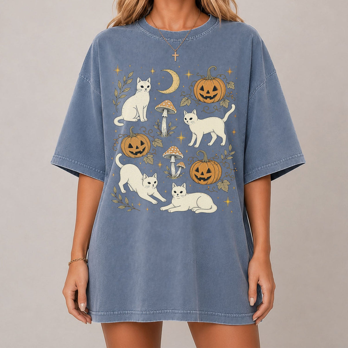 White Cat Pumpkin Patch Oversized T-Shirt