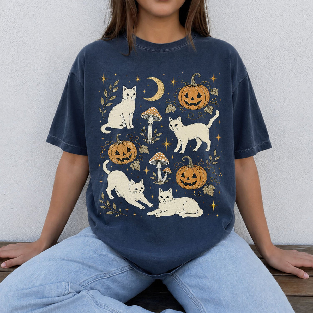White Cat Pumpkin Patch Oversized T-Shirt